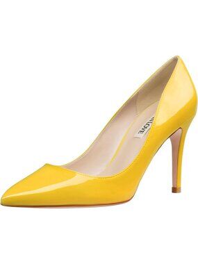 Women's Yellow Patent Closed Pointed Toe High Heels Pumps Slip On Dressy Shoes